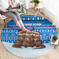 Estonia Christmas Round Carpet with Santa Otters Lights Snowflakes and National Emblem on Blue Pattern - Wonder Print Shop