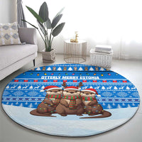 Estonia Christmas Round Carpet with Santa Otters Lights Snowflakes and National Emblem on Blue Pattern - Wonder Print Shop