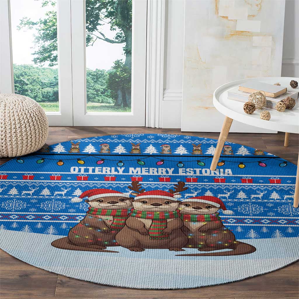 Estonia Christmas Round Carpet with Santa Otters Lights Snowflakes and National Emblem on Blue Pattern - Wonder Print Shop