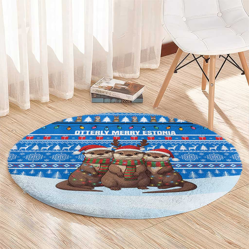 Estonia Christmas Round Carpet with Santa Otters Lights Snowflakes and National Emblem on Blue Pattern - Wonder Print Shop