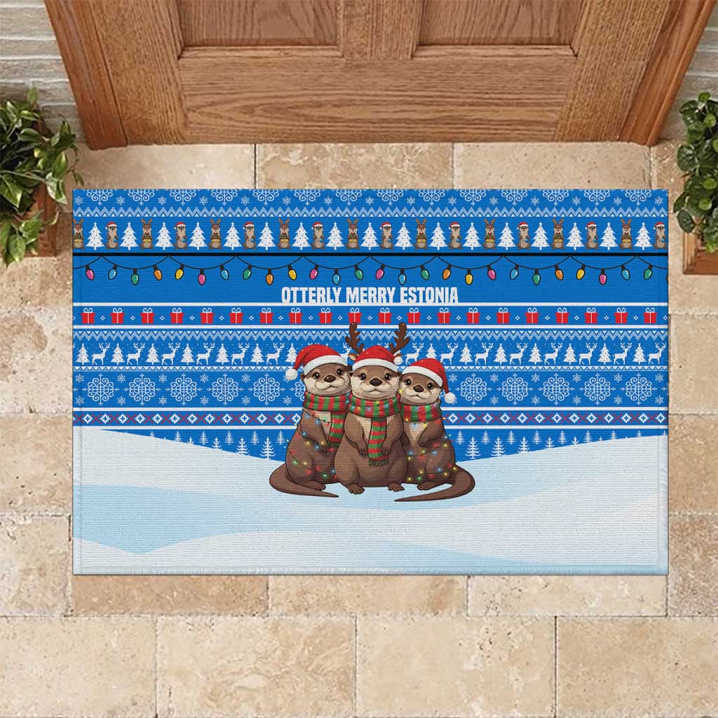 Estonia Christmas Rubber Doormat with Santa Otters Lights Snowflakes and National Emblem on Blue Pattern - Wonder Print Shop