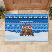 Estonia Christmas Rubber Doormat with Santa Otters Lights Snowflakes and National Emblem on Blue Pattern - Wonder Print Shop