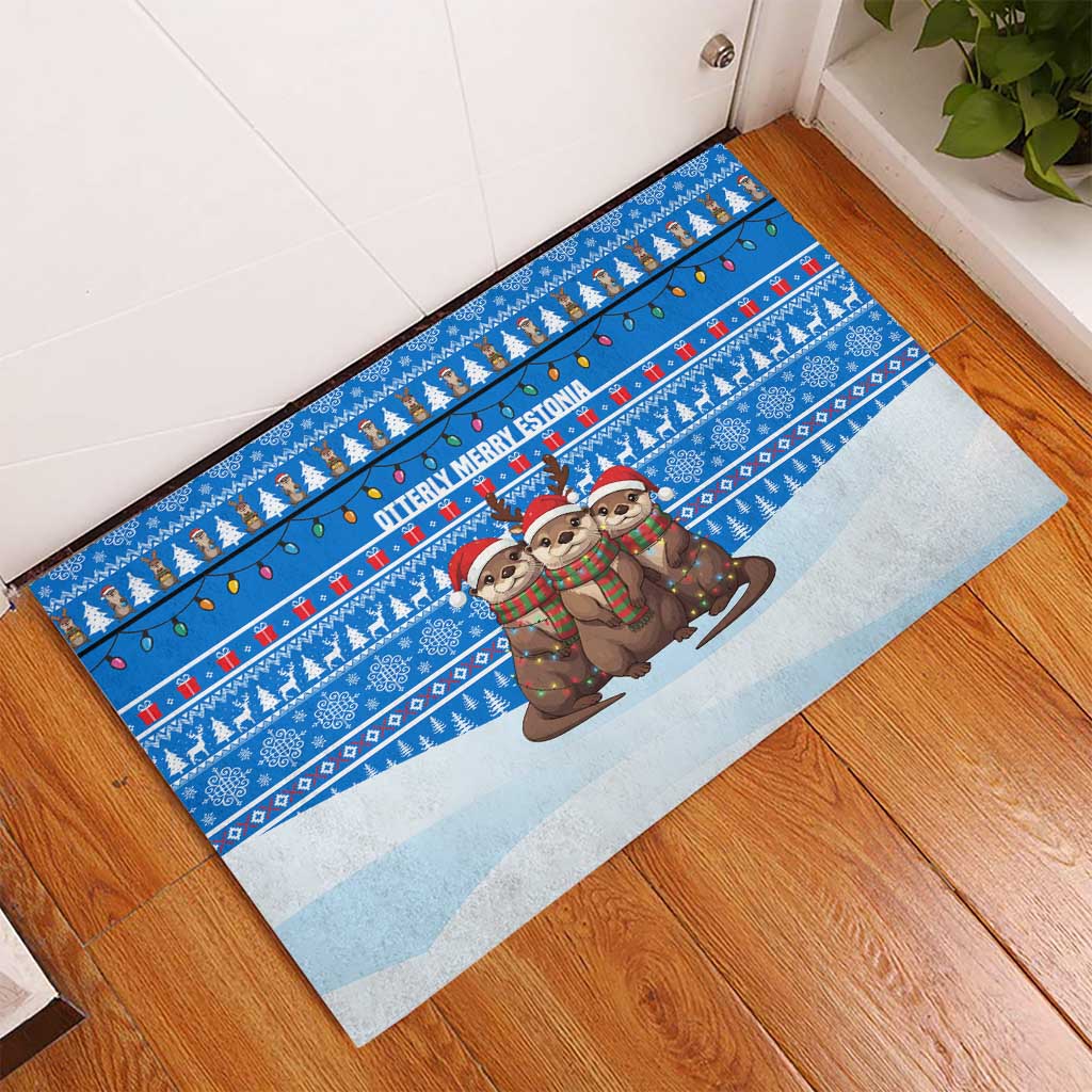 Estonia Christmas Rubber Doormat with Santa Otters Lights Snowflakes and National Emblem on Blue Pattern - Wonder Print Shop