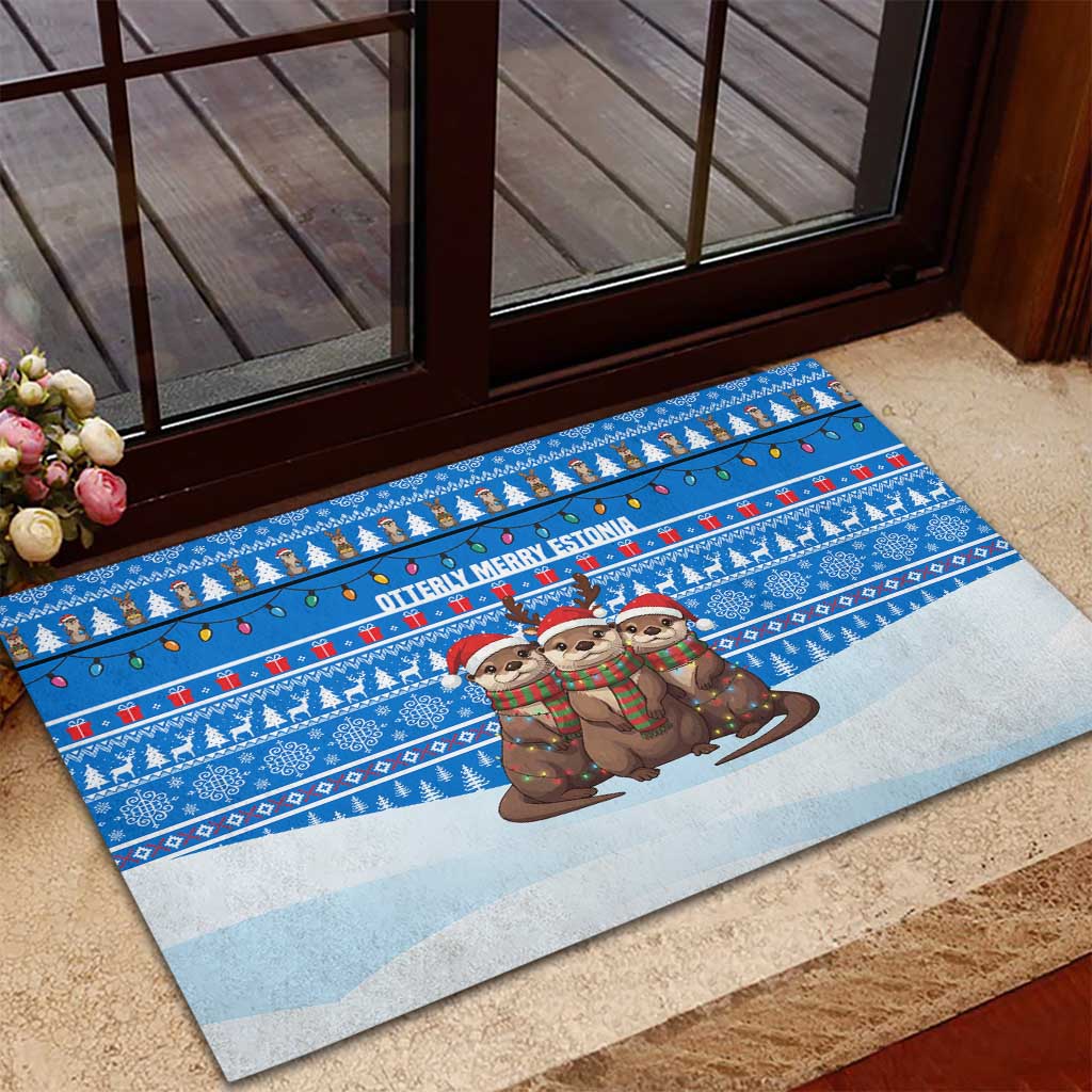 Estonia Christmas Rubber Doormat with Santa Otters Lights Snowflakes and National Emblem on Blue Pattern - Wonder Print Shop