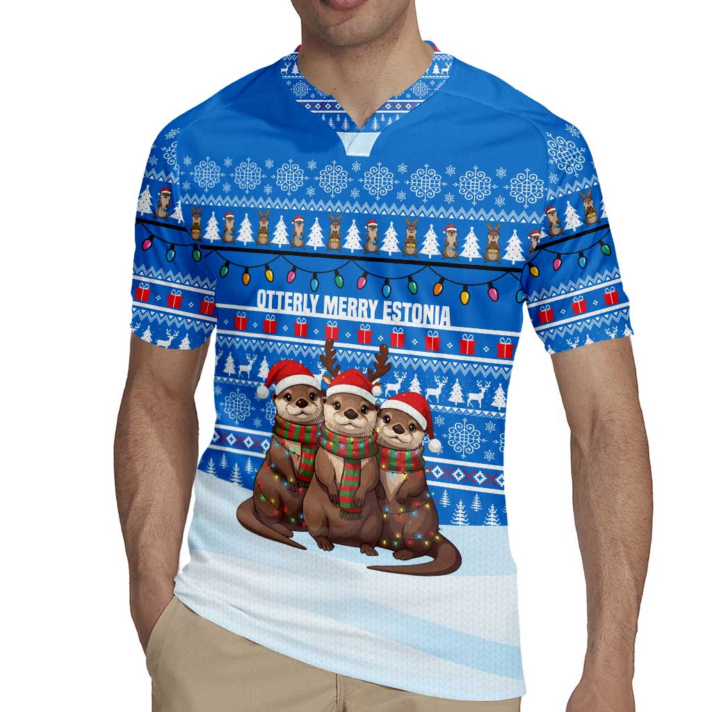 Estonia Christmas Rugby Jersey with Santa Otters Lights Snowflakes and National Emblem on Blue Pattern - Wonder Print Shop