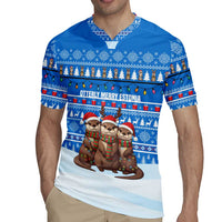 Estonia Christmas Rugby Jersey with Santa Otters Lights Snowflakes and National Emblem on Blue Pattern - Wonder Print Shop