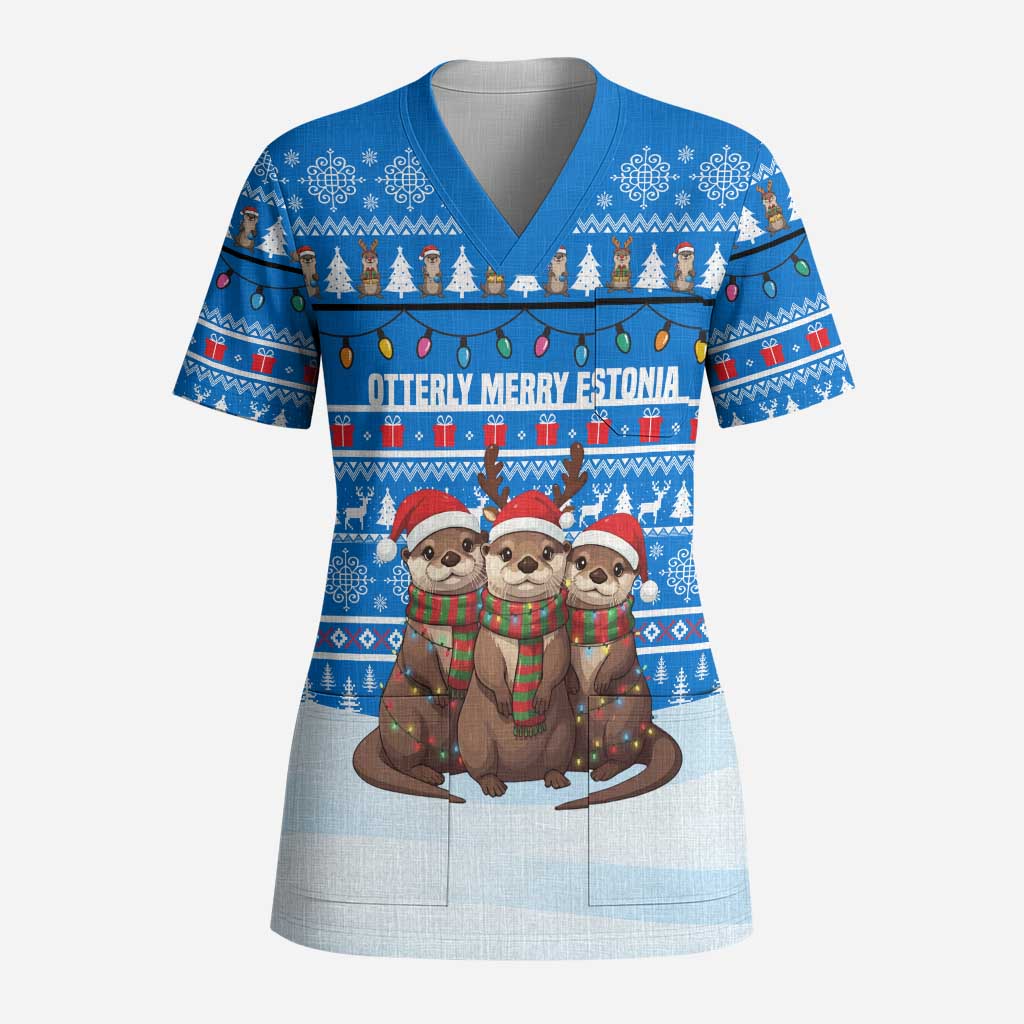 Estonia Christmas Scrub Top with Santa Otters Lights Snowflakes and National Emblem on Blue Pattern - undefined