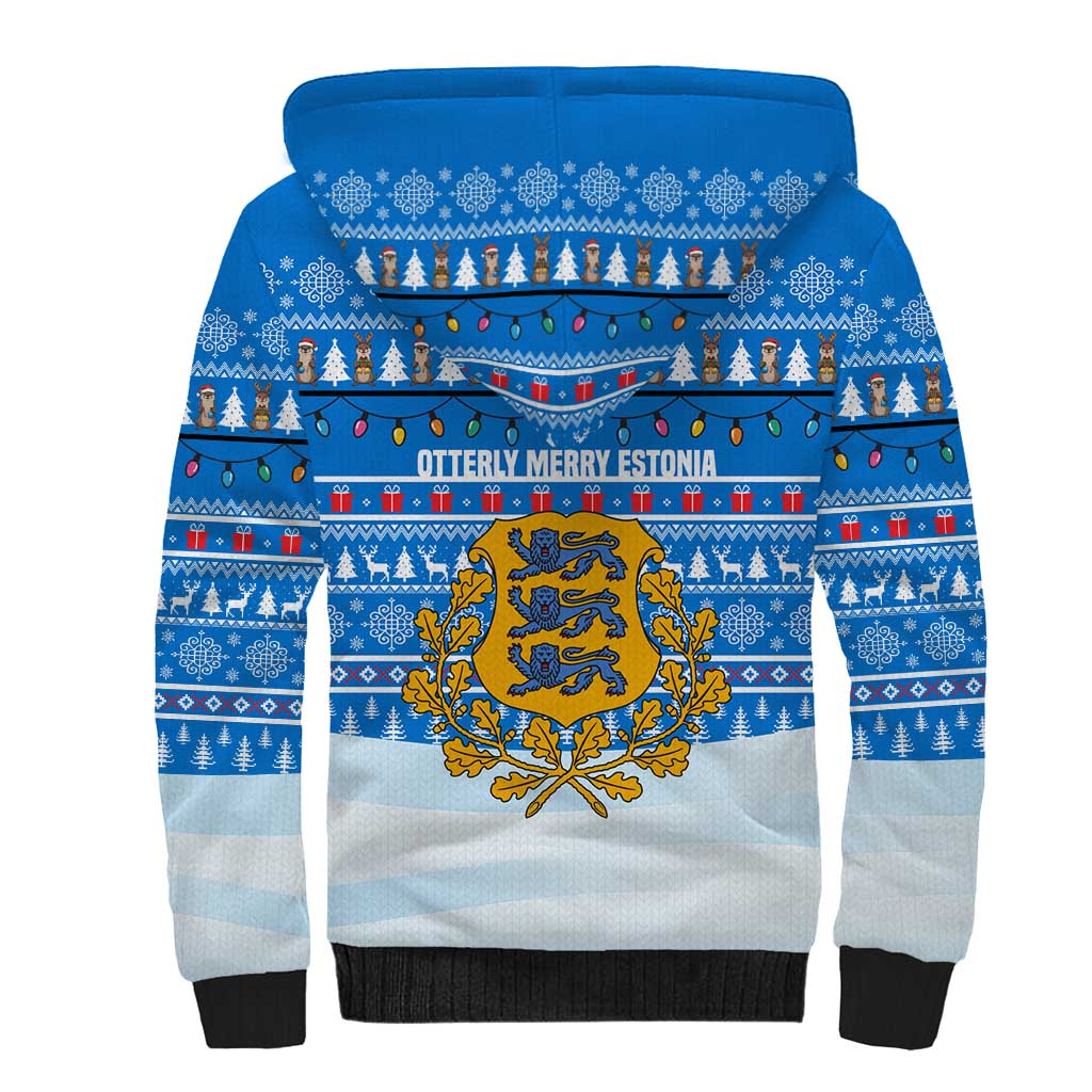 Estonia Christmas Sherpa Hoodie with Santa Otters Lights Snowflakes and National Emblem on Blue Pattern - Wonder Print Shop