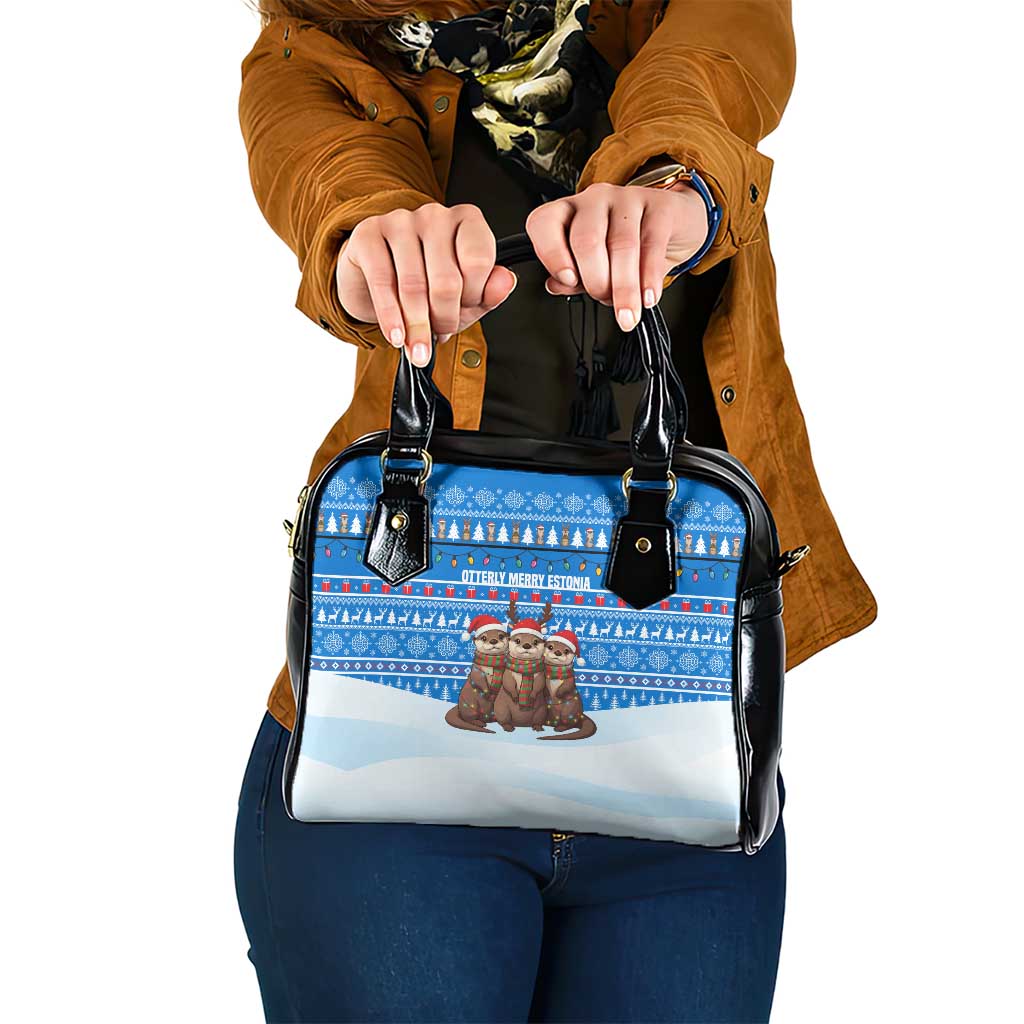 Estonia Christmas Shoulder Handbag with Santa Otters Lights Snowflakes and National Emblem on Blue Pattern - Wonder Print Shop