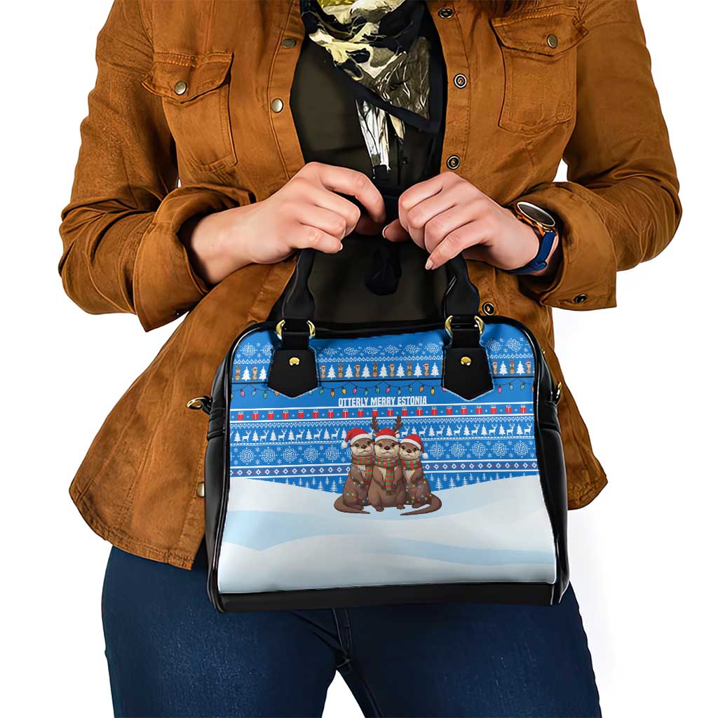 Estonia Christmas Shoulder Handbag with Santa Otters Lights Snowflakes and National Emblem on Blue Pattern - Wonder Print Shop