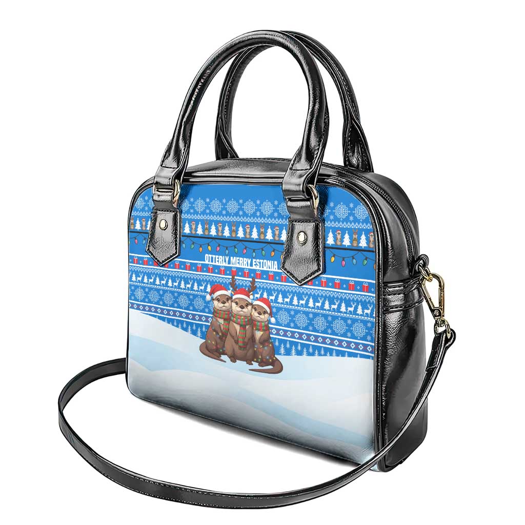 Estonia Christmas Shoulder Handbag with Santa Otters Lights Snowflakes and National Emblem on Blue Pattern - Wonder Print Shop