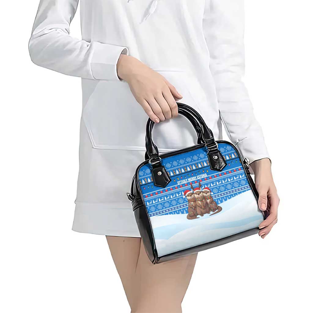 Estonia Christmas Shoulder Handbag with Santa Otters Lights Snowflakes and National Emblem on Blue Pattern - Wonder Print Shop