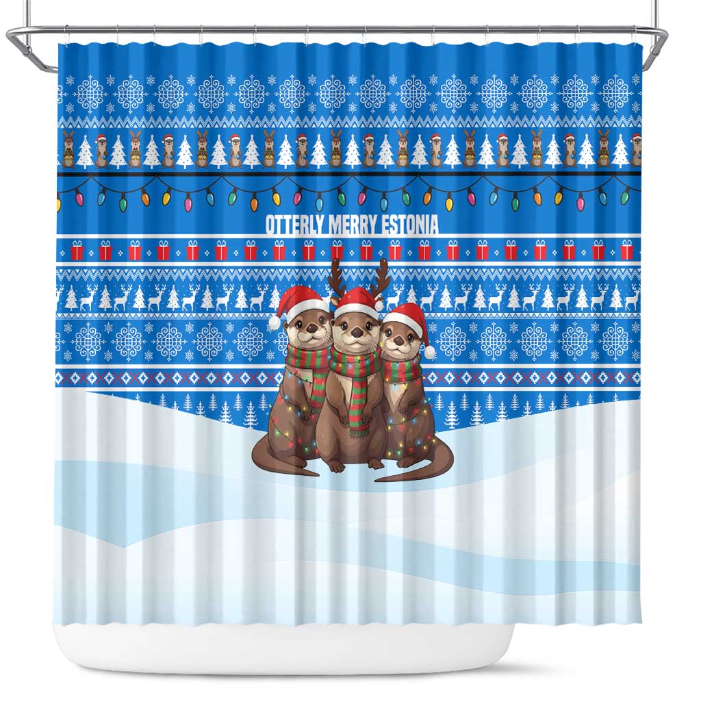 Estonia Christmas Shower Curtain with Santa Otters Lights Snowflakes and National Emblem on Blue Pattern - Wonder Print Shop
