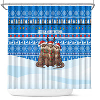 Estonia Christmas Shower Curtain with Santa Otters Lights Snowflakes and National Emblem on Blue Pattern - Wonder Print Shop