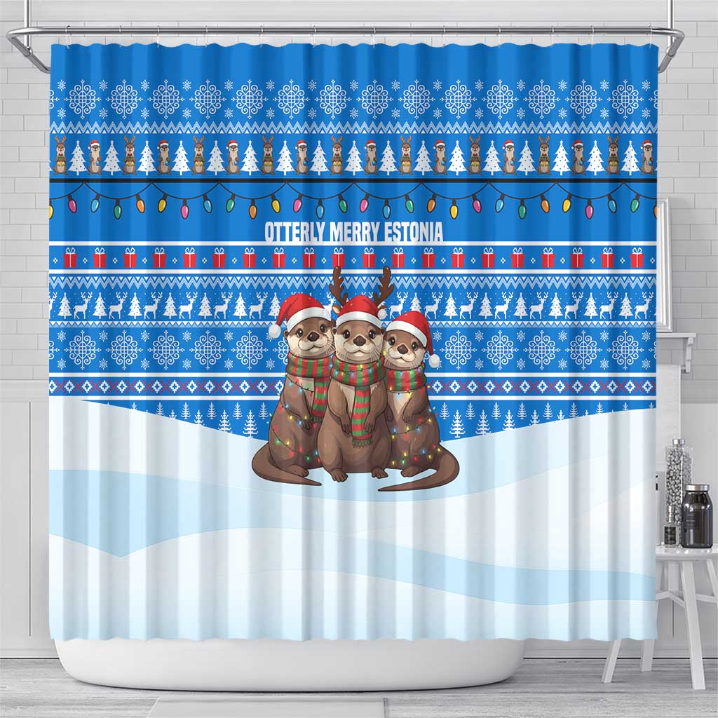 Estonia Christmas Shower Curtain with Santa Otters Lights Snowflakes and National Emblem on Blue Pattern - Wonder Print Shop