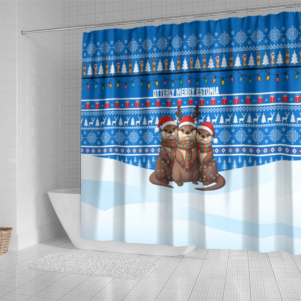 Estonia Christmas Shower Curtain with Santa Otters Lights Snowflakes and National Emblem on Blue Pattern - Wonder Print Shop