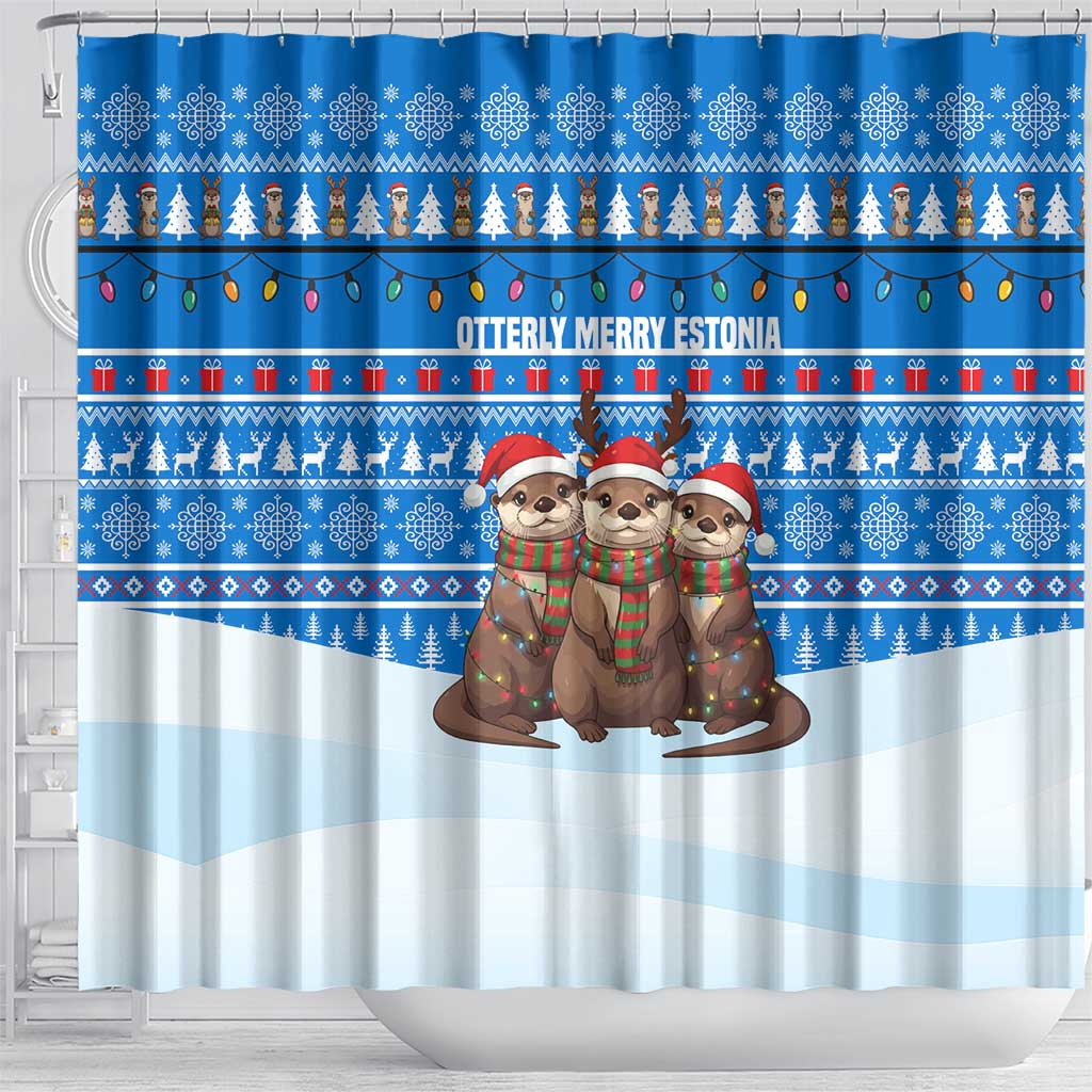 Estonia Christmas Shower Curtain with Santa Otters Lights Snowflakes and National Emblem on Blue Pattern - Wonder Print Shop