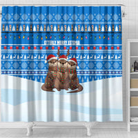 Estonia Christmas Shower Curtain with Santa Otters Lights Snowflakes and National Emblem on Blue Pattern - Wonder Print Shop