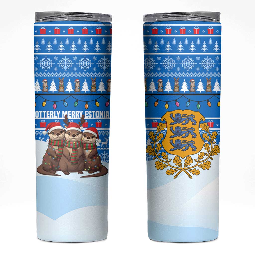 Estonia Christmas Skinny Tumbler with Santa Otters Lights Snowflakes and National Emblem on Blue Pattern - Wonder Print Shop