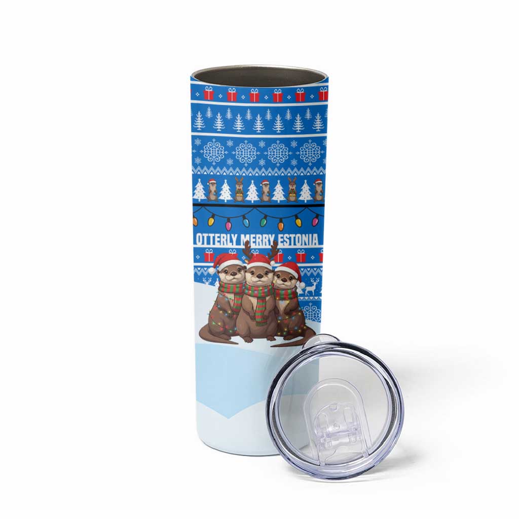 Estonia Christmas Skinny Tumbler with Santa Otters Lights Snowflakes and National Emblem on Blue Pattern - Wonder Print Shop