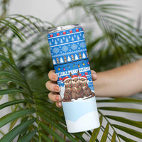 Estonia Christmas Skinny Tumbler with Santa Otters Lights Snowflakes and National Emblem on Blue Pattern - Wonder Print Shop