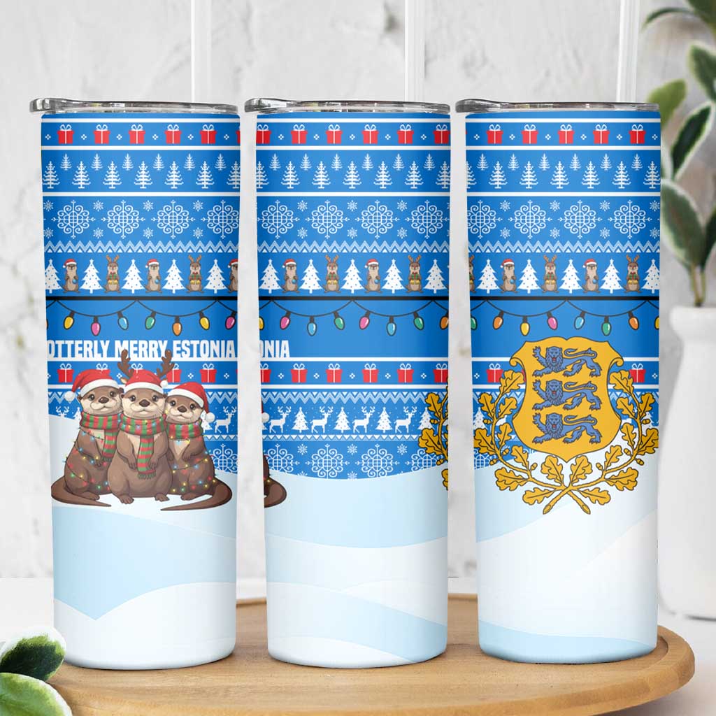 Estonia Christmas Skinny Tumbler with Santa Otters Lights Snowflakes and National Emblem on Blue Pattern - Wonder Print Shop