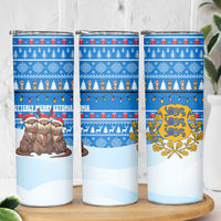 Estonia Christmas Skinny Tumbler with Santa Otters Lights Snowflakes and National Emblem on Blue Pattern - Wonder Print Shop