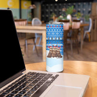 Estonia Christmas Skinny Tumbler with Santa Otters Lights Snowflakes and National Emblem on Blue Pattern - Wonder Print Shop