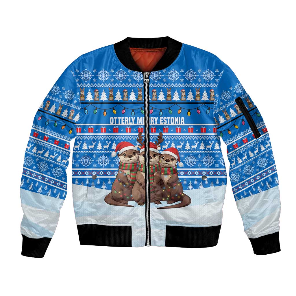 Estonia Christmas Sleeve Zip Bomber Jacket with Santa Otters Lights Snowflakes and National Emblem on Blue Pattern - Wonder Print Shop