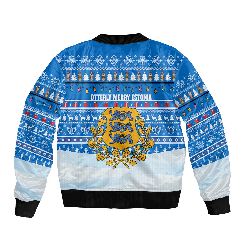 Estonia Christmas Sleeve Zip Bomber Jacket with Santa Otters Lights Snowflakes and National Emblem on Blue Pattern - Wonder Print Shop