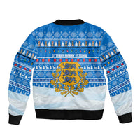 Estonia Christmas Sleeve Zip Bomber Jacket with Santa Otters Lights Snowflakes and National Emblem on Blue Pattern - Wonder Print Shop