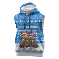 Estonia Christmas Sleeveless Hoodie with Santa Otters Lights Snowflakes and National Emblem on Blue Pattern - Wonder Print Shop