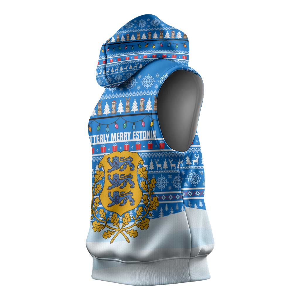Estonia Christmas Sleeveless Hoodie with Santa Otters Lights Snowflakes and National Emblem on Blue Pattern - Wonder Print Shop