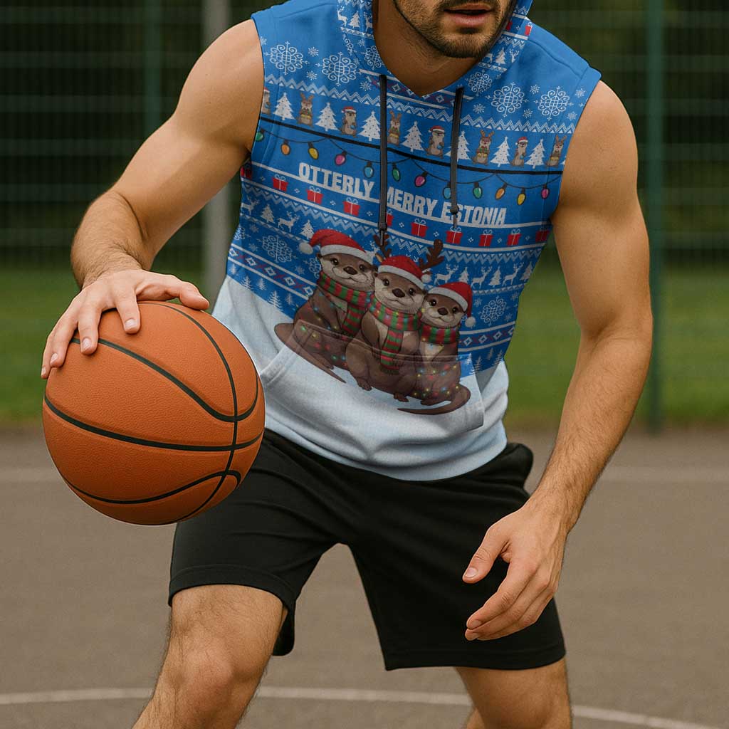 Estonia Christmas Sleeveless Hoodie with Santa Otters Lights Snowflakes and National Emblem on Blue Pattern - Wonder Print Shop