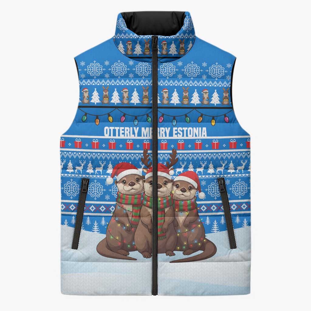 Estonia Christmas Sleeveless Puffer Jacket with Santa Otters Lights Snowflakes and National Emblem on Blue Pattern - Wonder Print Shop
