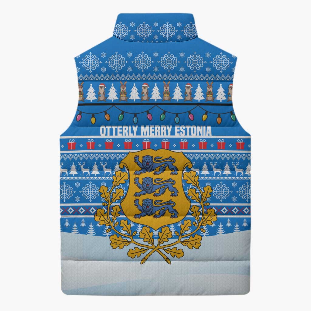 Estonia Christmas Sleeveless Puffer Jacket with Santa Otters Lights Snowflakes and National Emblem on Blue Pattern - Wonder Print Shop