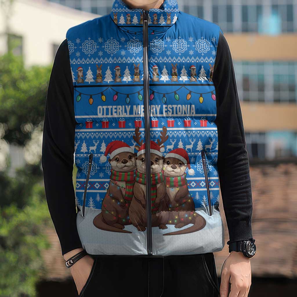 Estonia Christmas Sleeveless Puffer Jacket with Santa Otters Lights Snowflakes and National Emblem on Blue Pattern - Wonder Print Shop