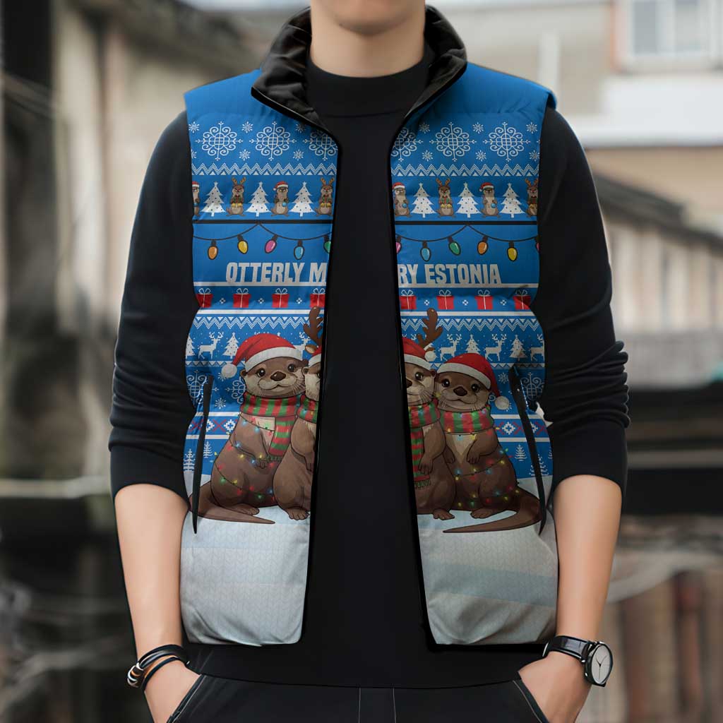 Estonia Christmas Sleeveless Puffer Jacket with Santa Otters Lights Snowflakes and National Emblem on Blue Pattern - Wonder Print Shop