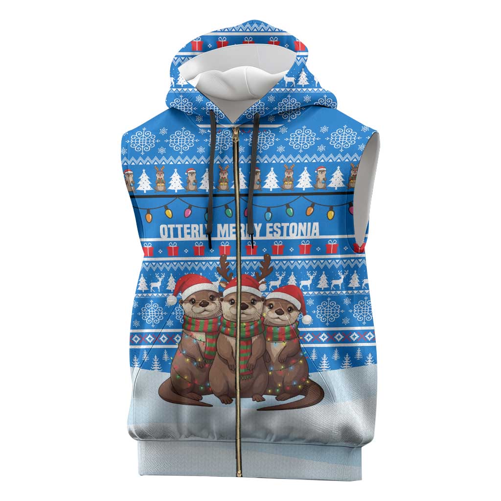 Estonia Christmas Sleeveless Zip Hoodie with Santa Otters Lights Snowflakes and National Emblem on Blue Pattern - Wonder Print Shop