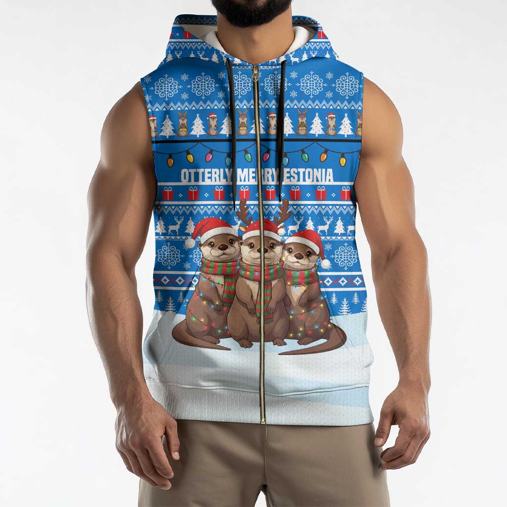 Estonia Christmas Sleeveless Zip Hoodie with Santa Otters Lights Snowflakes and National Emblem on Blue Pattern - Wonder Print Shop