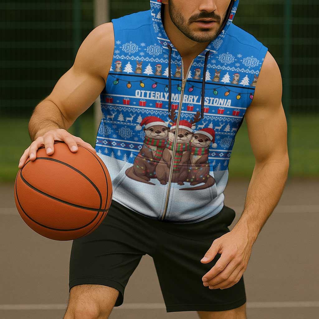 Estonia Christmas Sleeveless Zip Hoodie with Santa Otters Lights Snowflakes and National Emblem on Blue Pattern - Wonder Print Shop