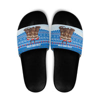 Estonia Christmas Slide Sandals with Santa Otters Lights Snowflakes and National Emblem on Blue Pattern - Wonder Print Shop