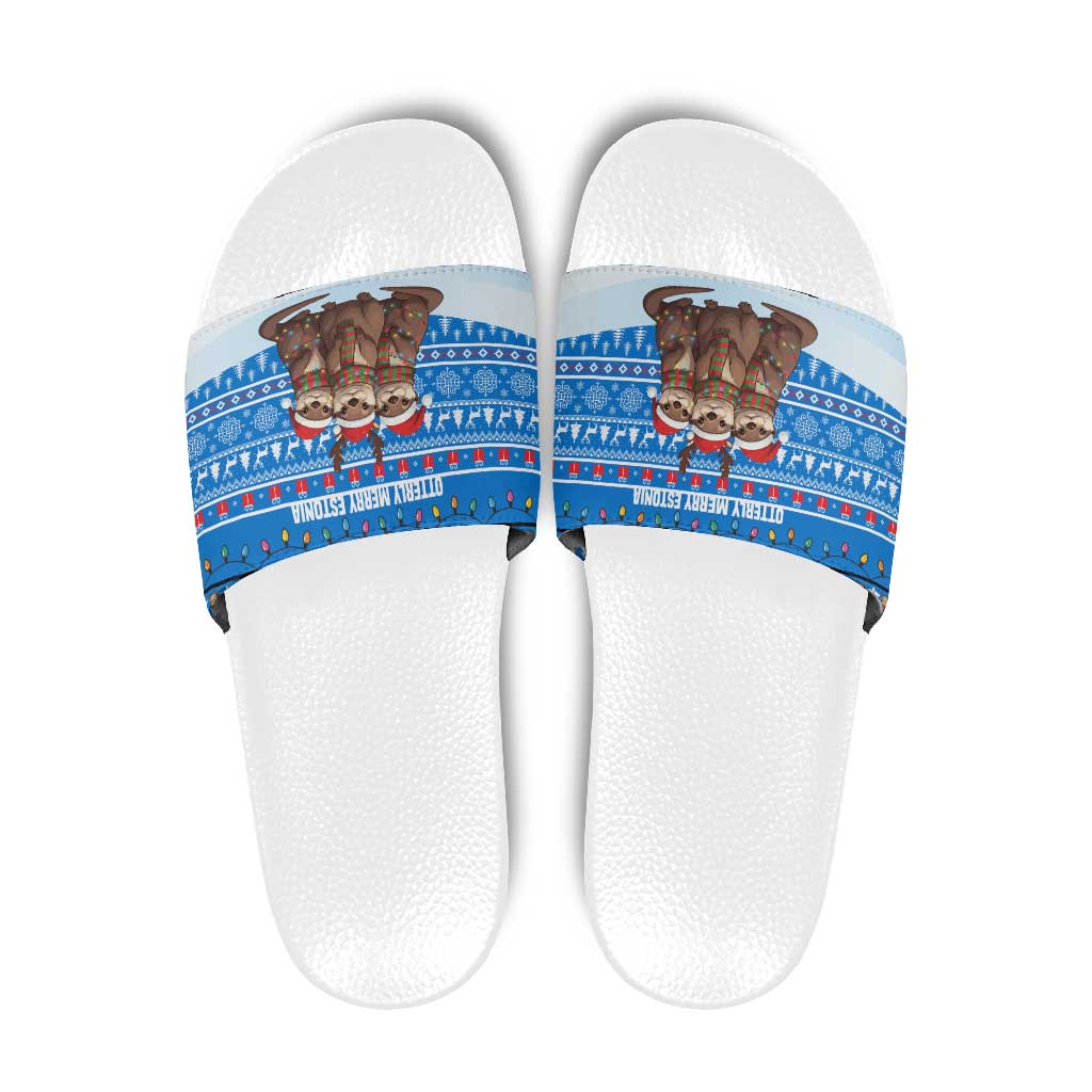 Estonia Christmas Slide Sandals with Santa Otters Lights Snowflakes and National Emblem on Blue Pattern - Wonder Print Shop