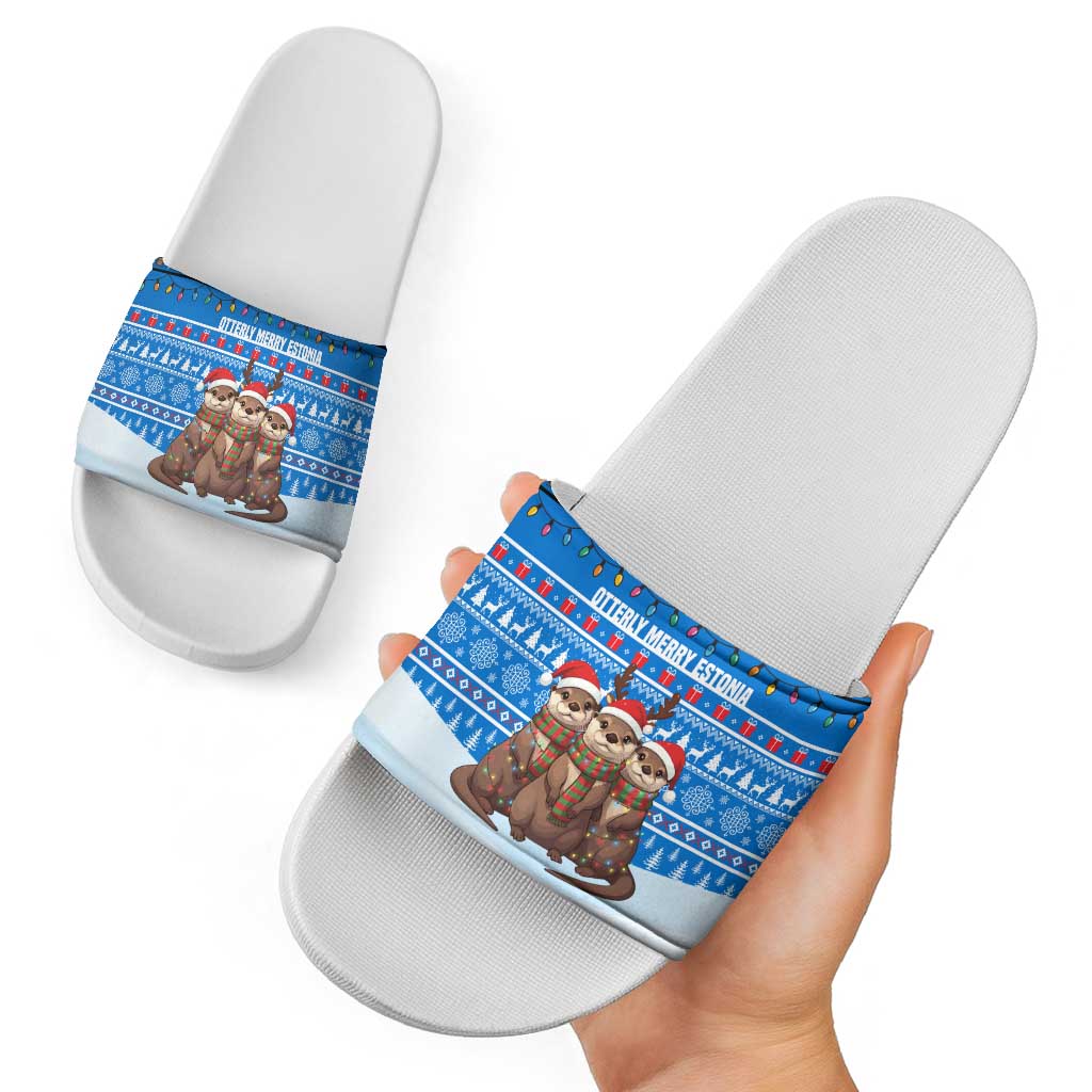 Estonia Christmas Slide Sandals with Santa Otters Lights Snowflakes and National Emblem on Blue Pattern - Wonder Print Shop