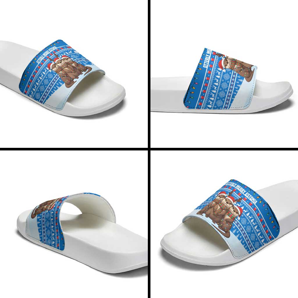 Estonia Christmas Slide Sandals with Santa Otters Lights Snowflakes and National Emblem on Blue Pattern - Wonder Print Shop