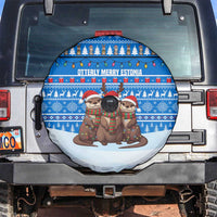 Estonia Christmas Spare Tire Cover with Santa Otters Lights Snowflakes and National Emblem on Blue Pattern - Wonder Print Shop