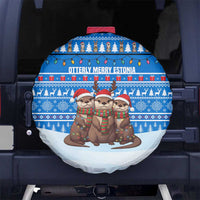 Estonia Christmas Spare Tire Cover with Santa Otters Lights Snowflakes and National Emblem on Blue Pattern - Wonder Print Shop