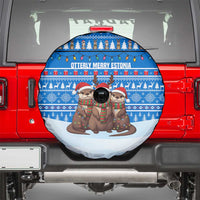 Estonia Christmas Spare Tire Cover with Santa Otters Lights Snowflakes and National Emblem on Blue Pattern - Wonder Print Shop