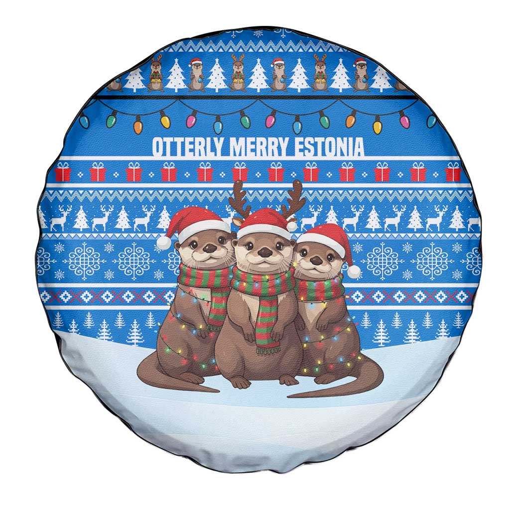 Estonia Christmas Spare Tire Cover with Santa Otters Lights Snowflakes and National Emblem on Blue Pattern - Wonder Print Shop