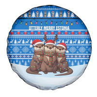 Estonia Christmas Spare Tire Cover with Santa Otters Lights Snowflakes and National Emblem on Blue Pattern - Wonder Print Shop